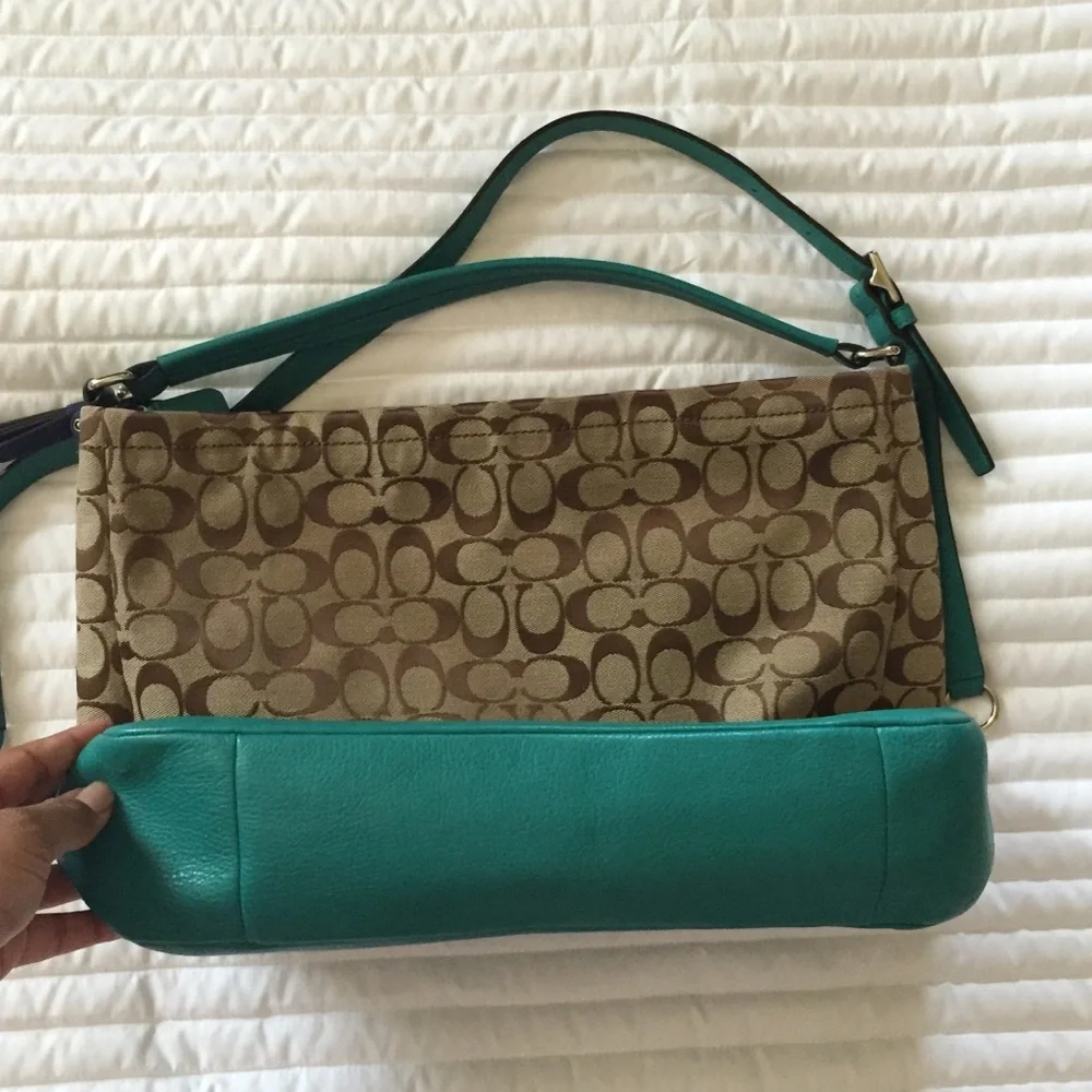 Coach Park Convertible Hobo Signature Jacquard and Teal Leather Crossbody Bag